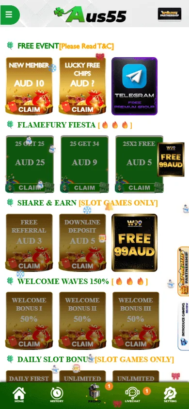 Aus55 Casino promotions area on a mobile device