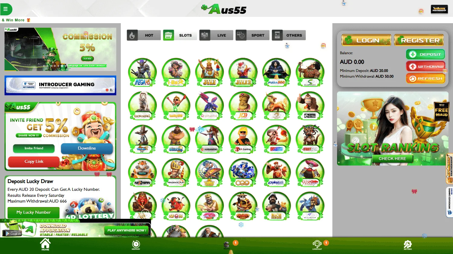Aus55 Casino home lobby on desktop