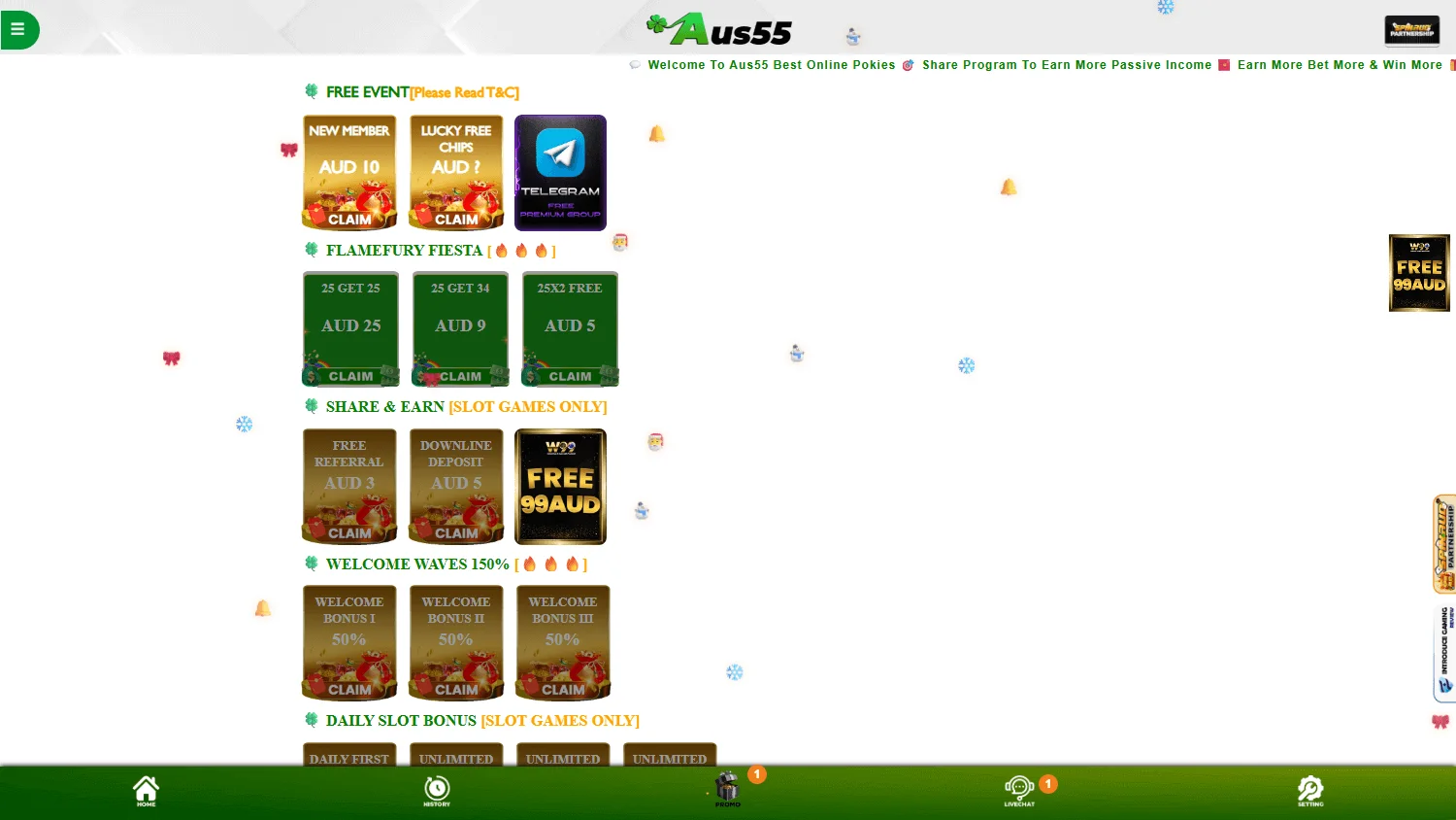 Aus55 Casino promotions area on desktop