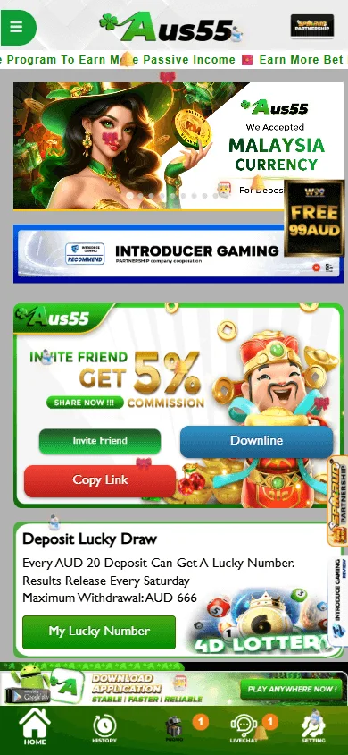 Aus55 Casino home lobby on a mobile device